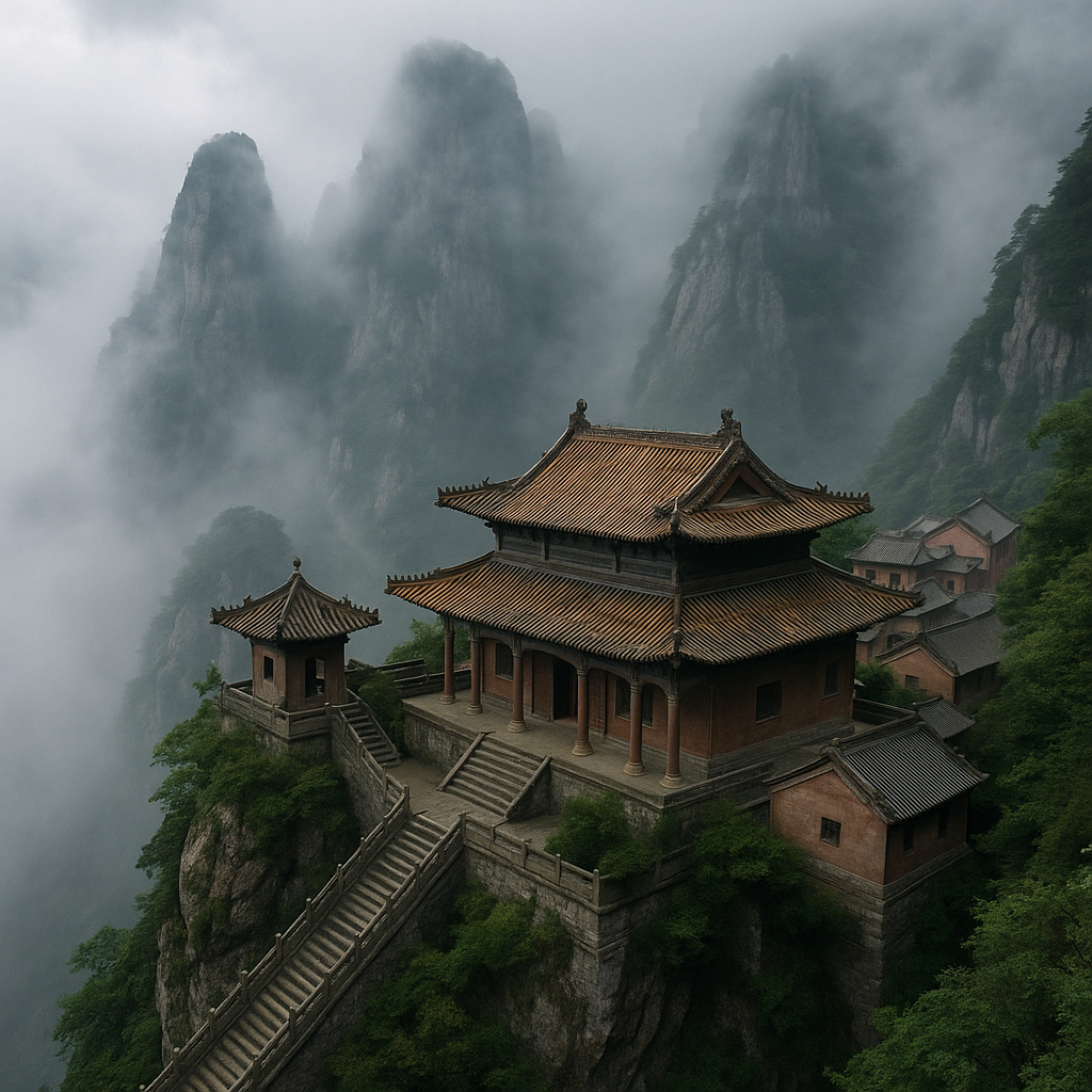 ancient Chinese mountain monastery foggy peaks