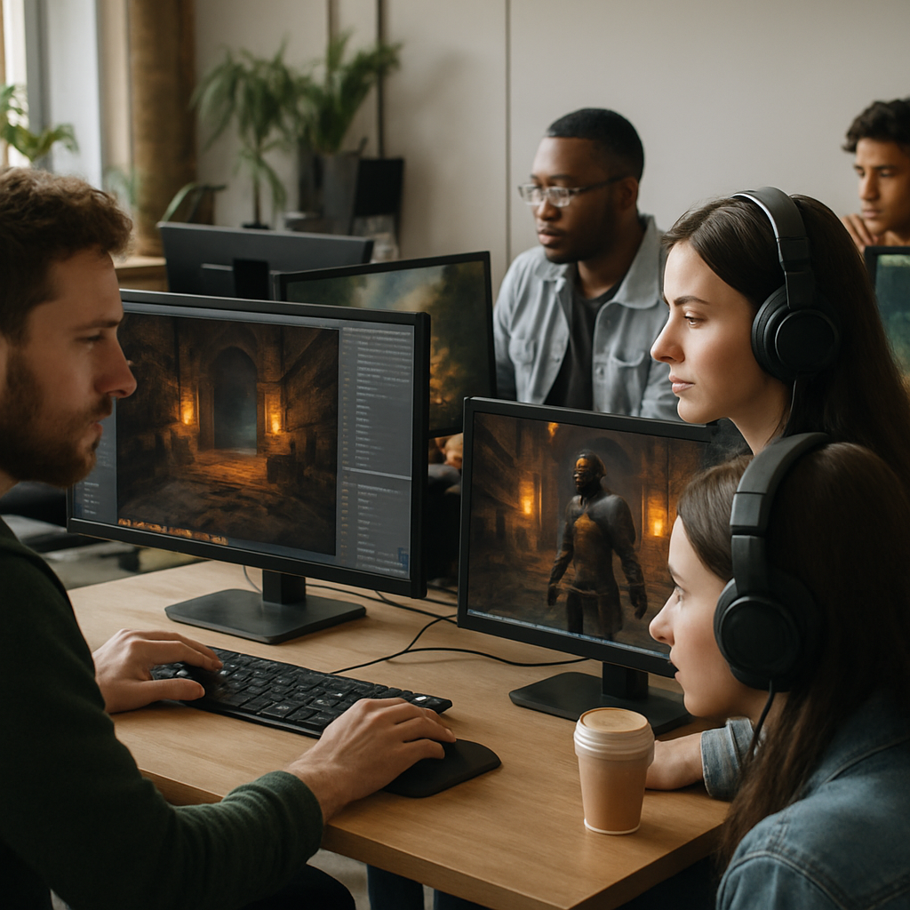 video game development team working on computers